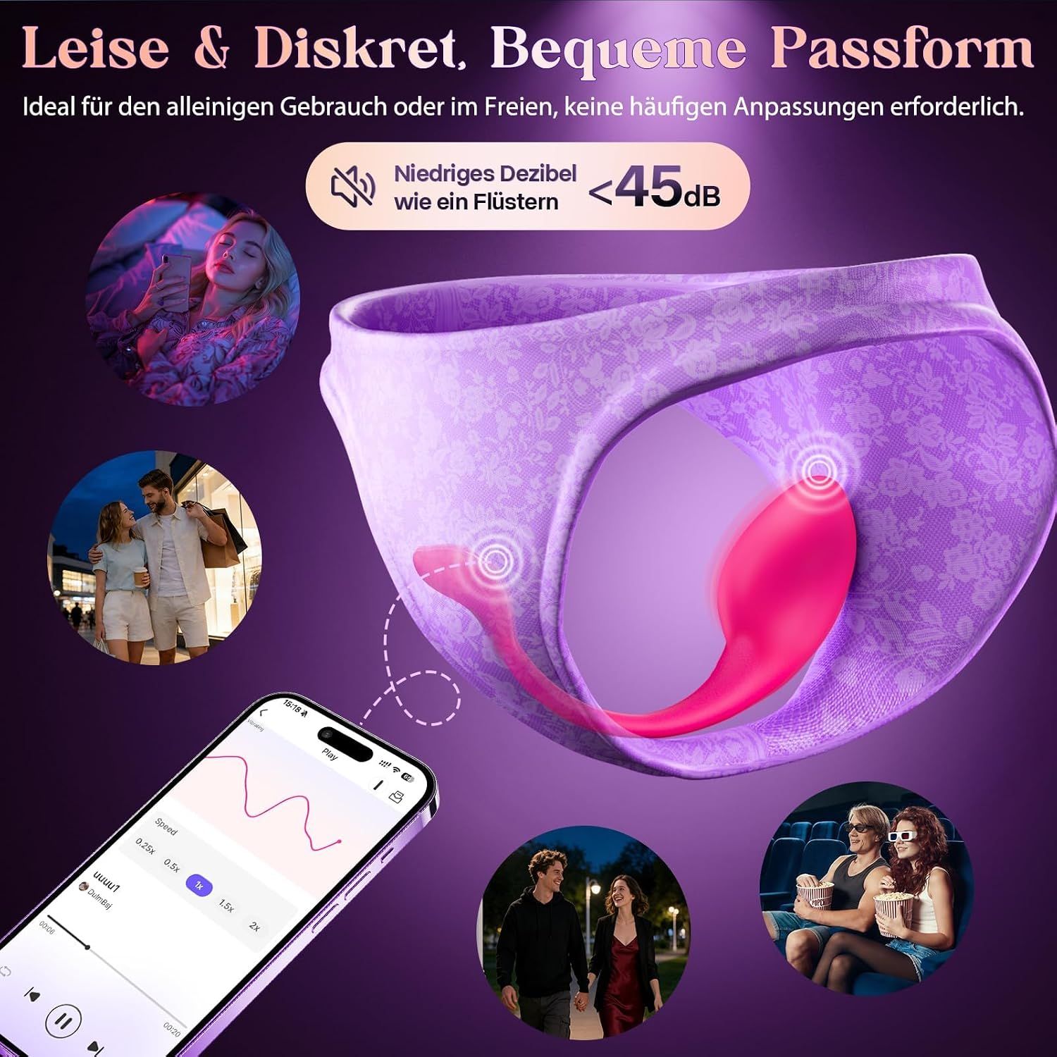 Pinker Vibrator in einer lila Unterhose, mit Smartphone.