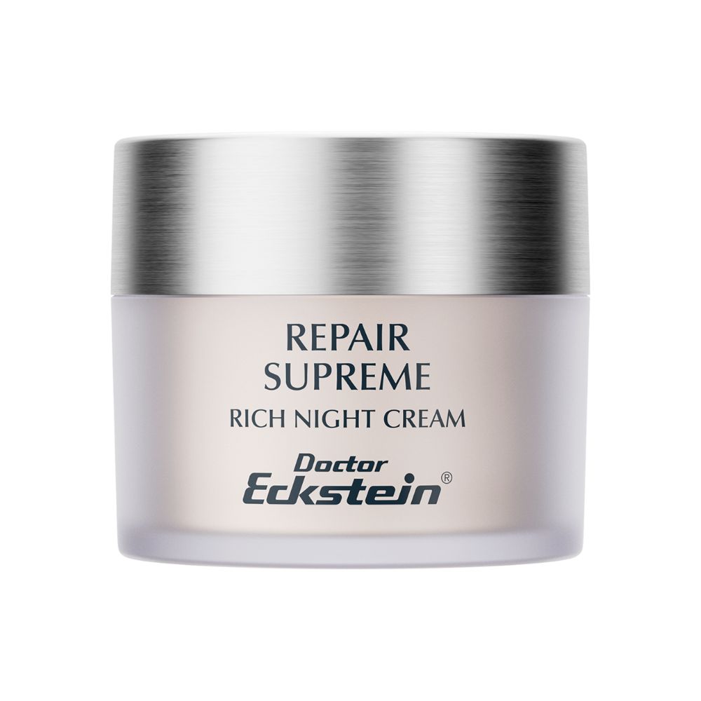 Creme-Tiegel mit silbernem Deckel. Aufschrift: Repair Supreme Rich Night Cream. Marke: Doctor Eckstein.