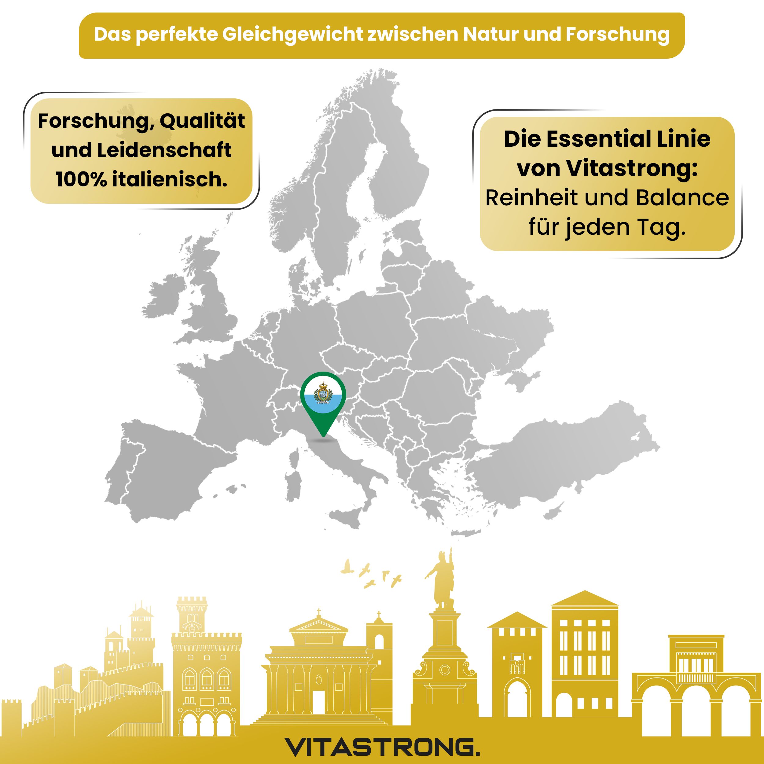 Europakarte mit San Marino hervorgehoben. Text: Forschung, Qualität, Leidenschaft. Die Essential Linie von Vitastrong.