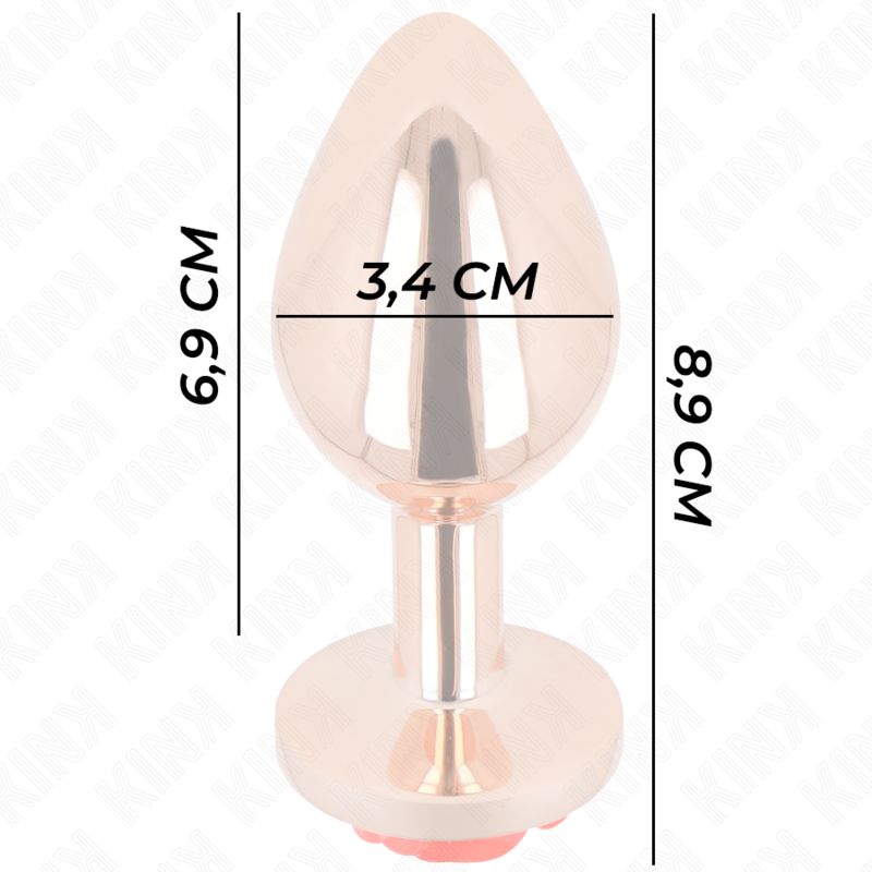 Analplug mit roter Rose. Metallfarbenes Design. Maße: 6,9 cm hoch, 3,4 cm breit, 8,9 cm lang. Rose am Boden.