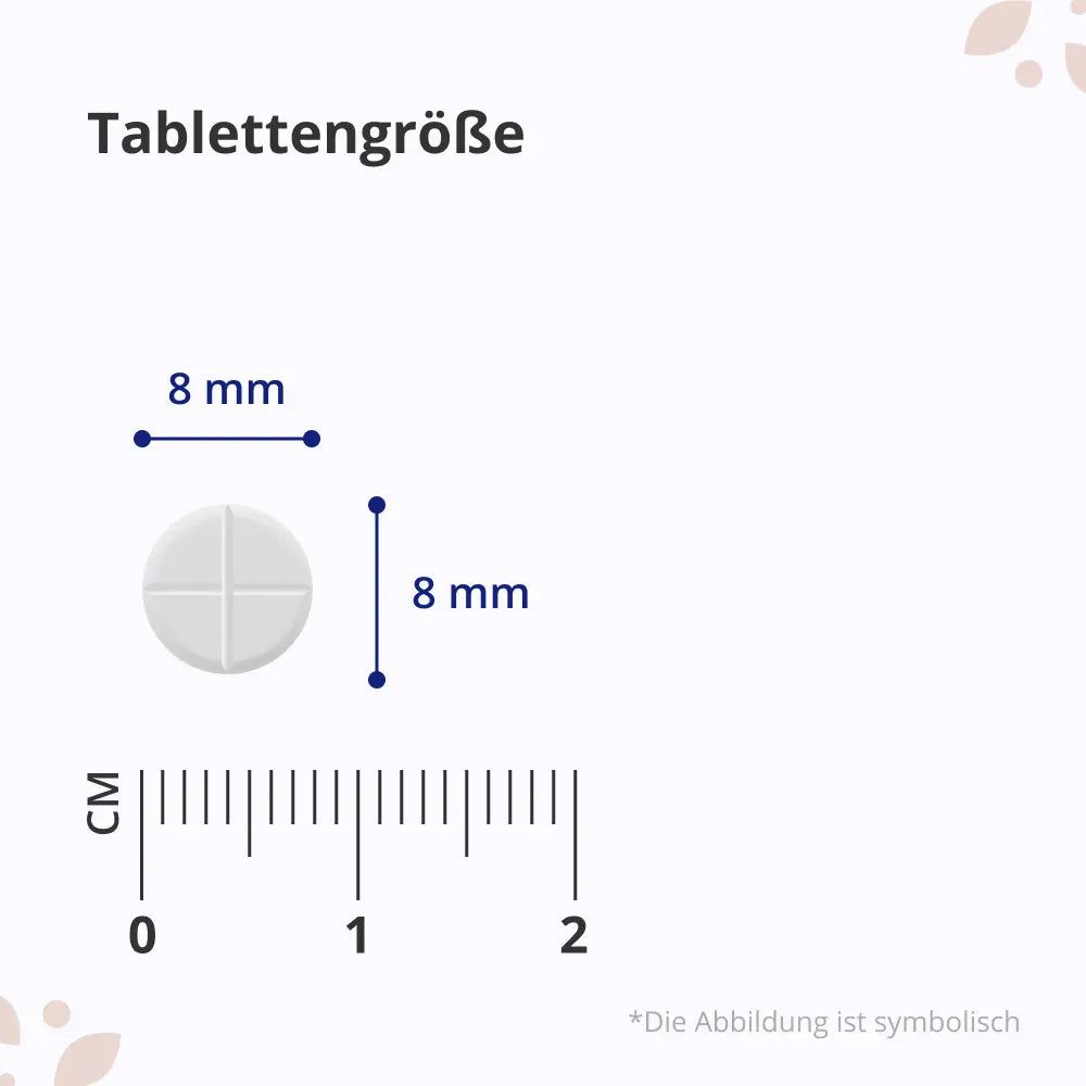Weiße Tablette mit Kreuz. Maße: 8 mm x 8 mm. Skala in cm.