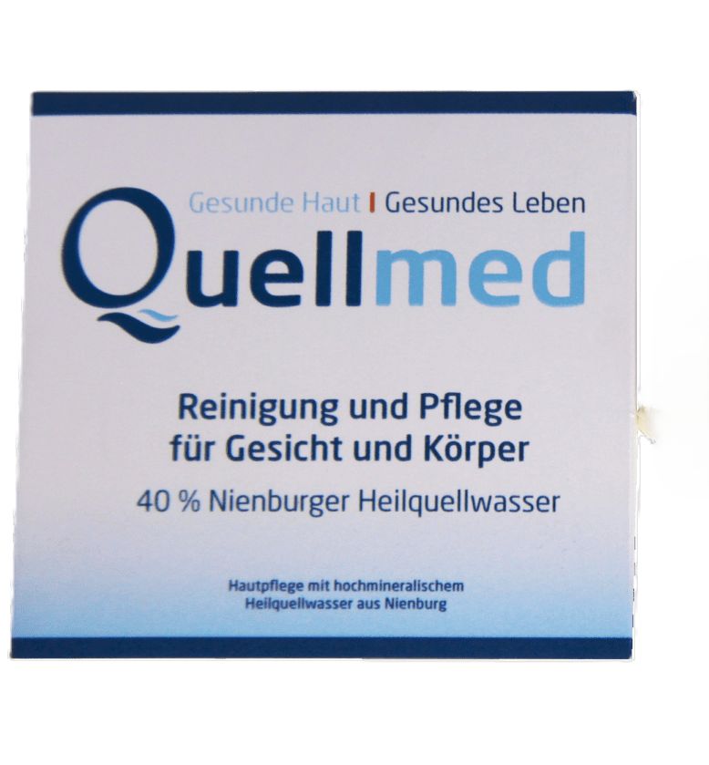 Karton mit Produktaufdruck: Quellmed, Reinigung und Pflege für Gesicht und Körper, 40% Nienburger Heilquellwasser.