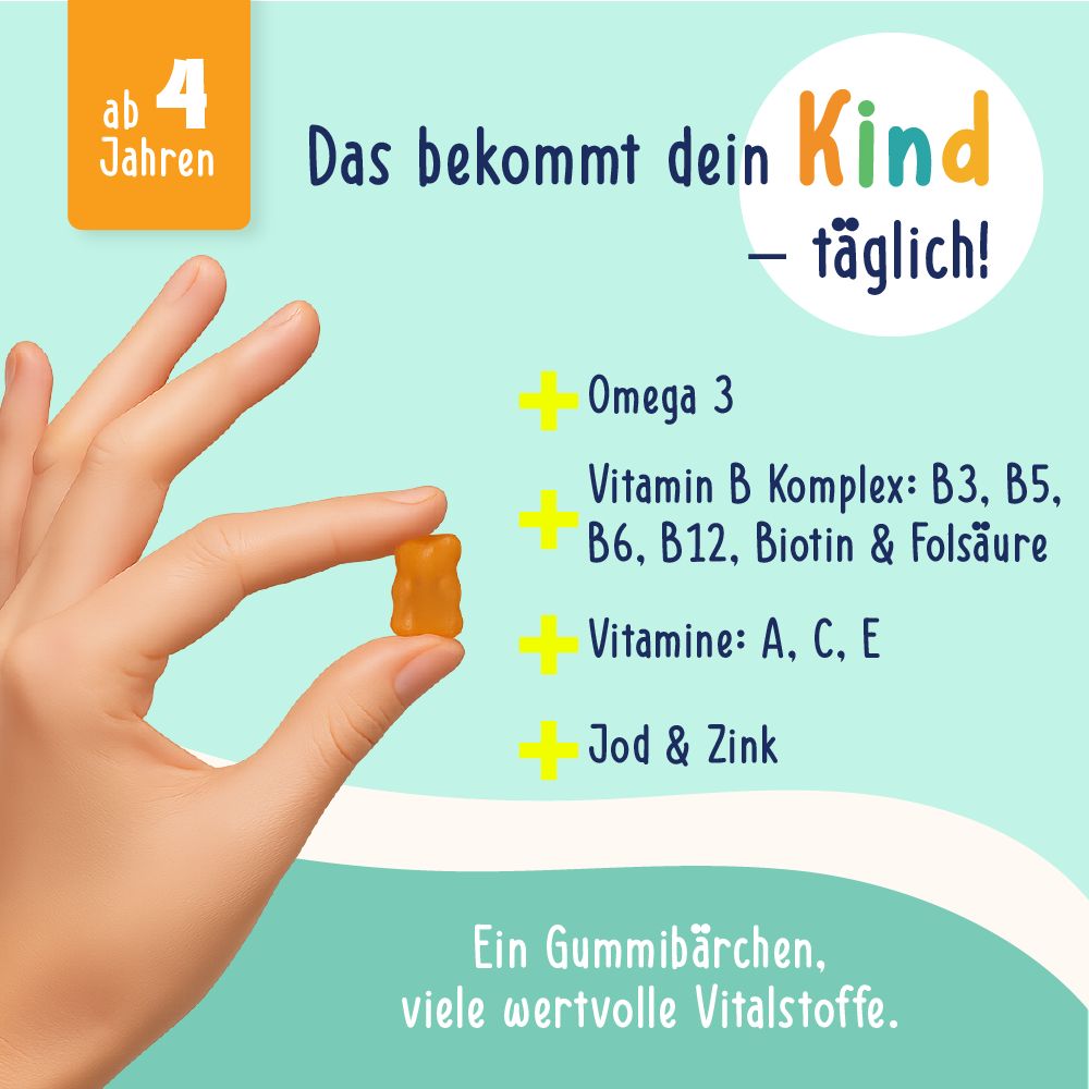 Hand hält ein orangefarbenes Gummibärchen. Aufschrift: Omega 3, Vitamine B, A, C, E, Jod & Zink. Ab 4 Jahren.