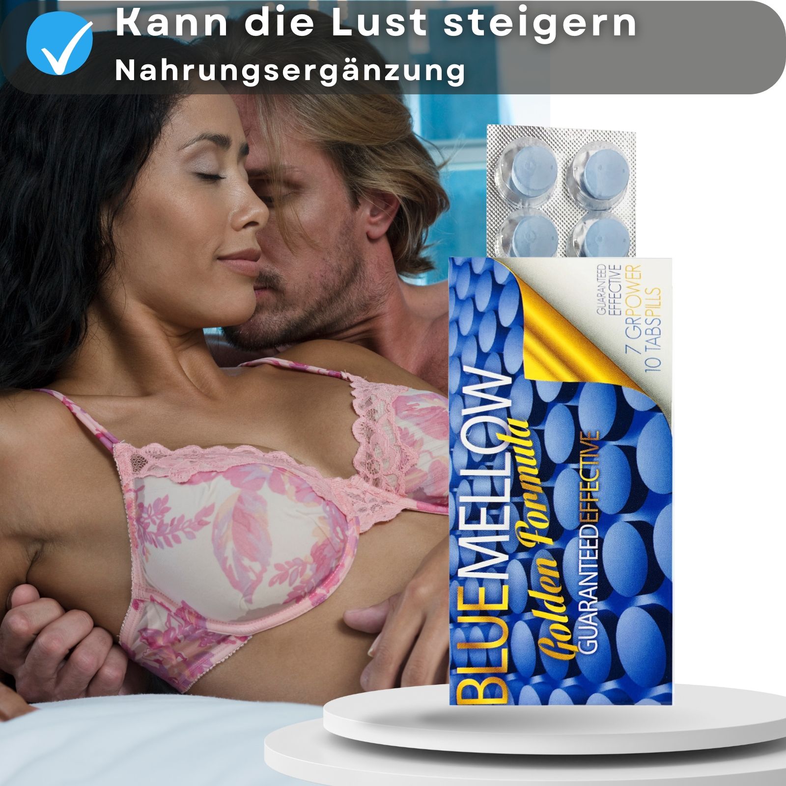 Paar und Produktverpackung. Aufschrift: BLUE MELLOW Golden Formula. 7 GR POWER, 10 TABS/PILLS. Tabletten.
