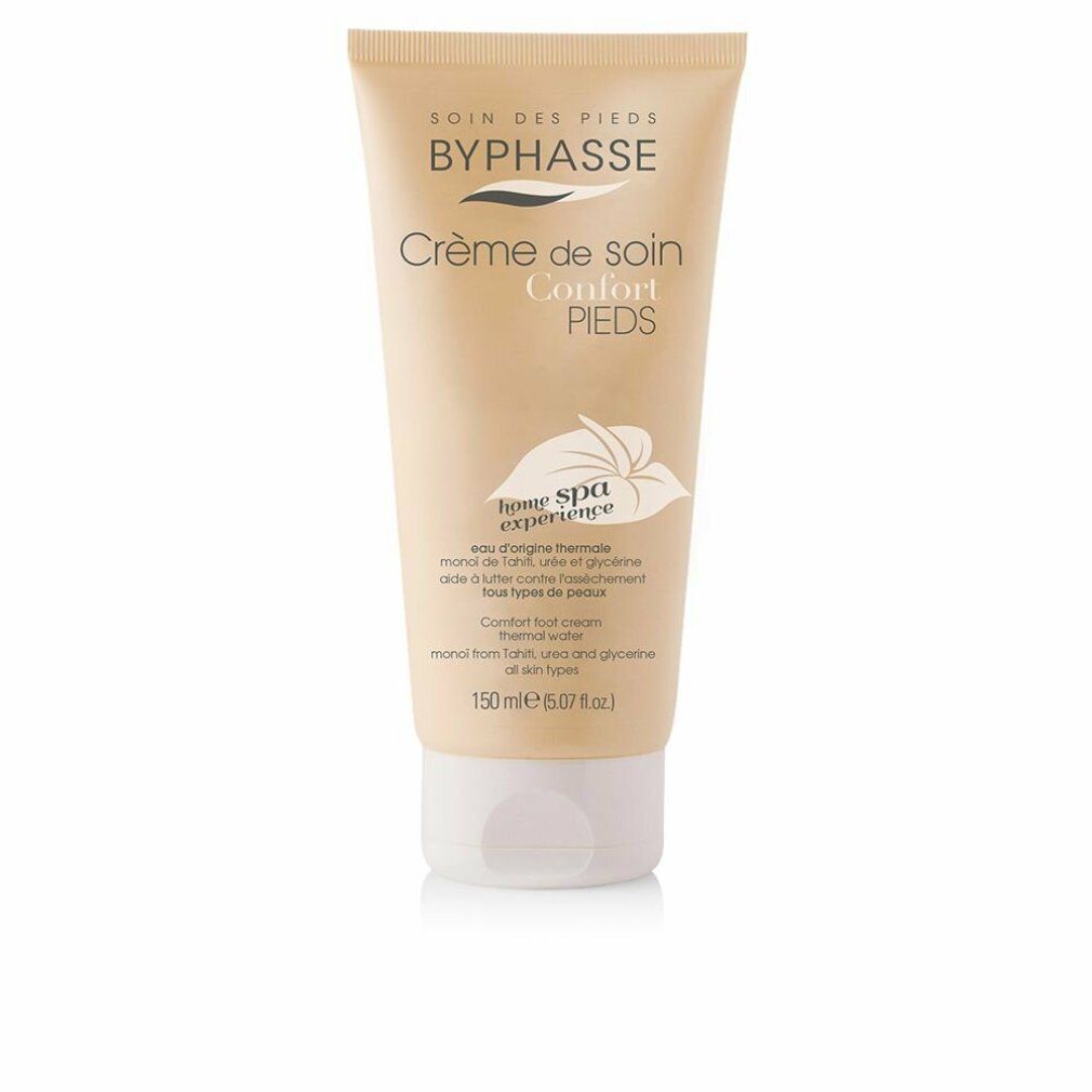 Creme-Tube. Marke Byphasse. Text: Crème de soin PIEDS, Comfort foot cream. Weiße Kappe. Beige Tube mit floralem Logo.