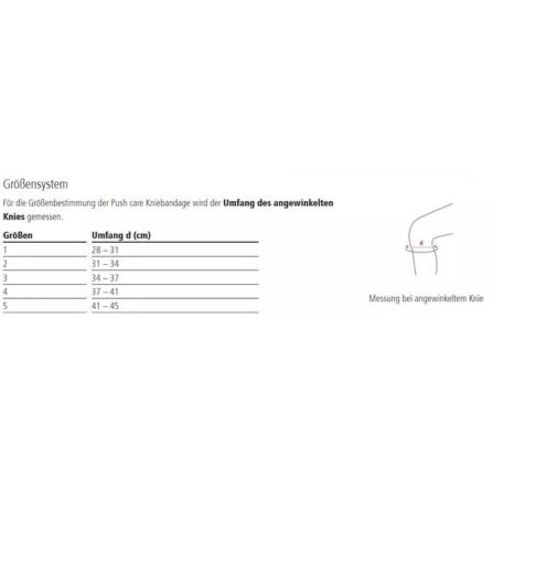 Größentabelle für Push care Kniebandage. Größen 1-5. Umfang in cm. Illustration zur Messung des Knies.