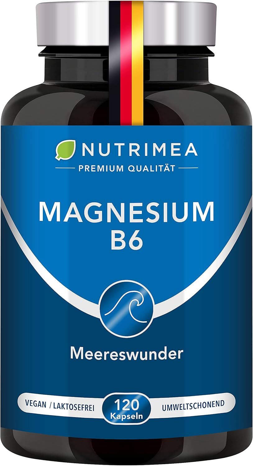 Produktflasche "MAGNESIUM B6". Schwarze Flasche mit blauem Etikett. Enthält 120 Kapseln. Vegan, laktosefrei, umweltschonend.