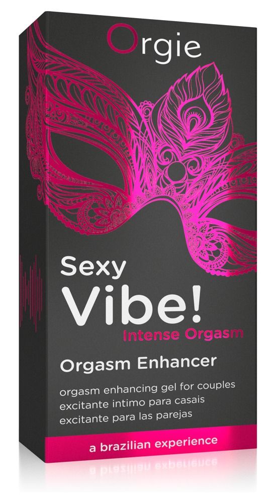 Schwarze Verpackung mit pinkfarbenem Maskenmuster. Text: Sexy Vibe! Intense Orgasm, Orgasm Enhancer.