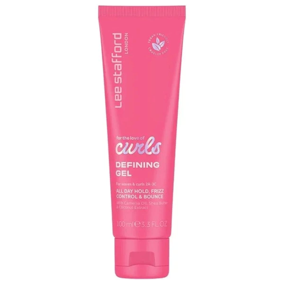 Eine rosafarbene Tube LEE STAFFORD For The Love Of Curls Defining Gel mit Produktinformationen und einem Volumen von 100ml.
