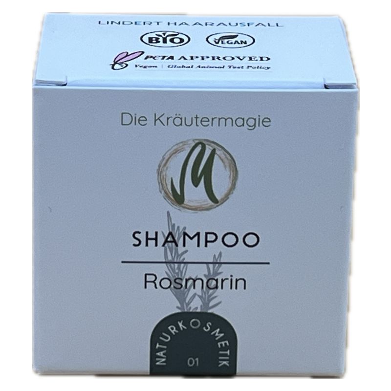Karton mit Aufdruck. Oben: Bio- und Vegan-Siegel. Schriftzug: Shampoo Rosmarin. Logo und Schriftzug: Die Kräutermagie.