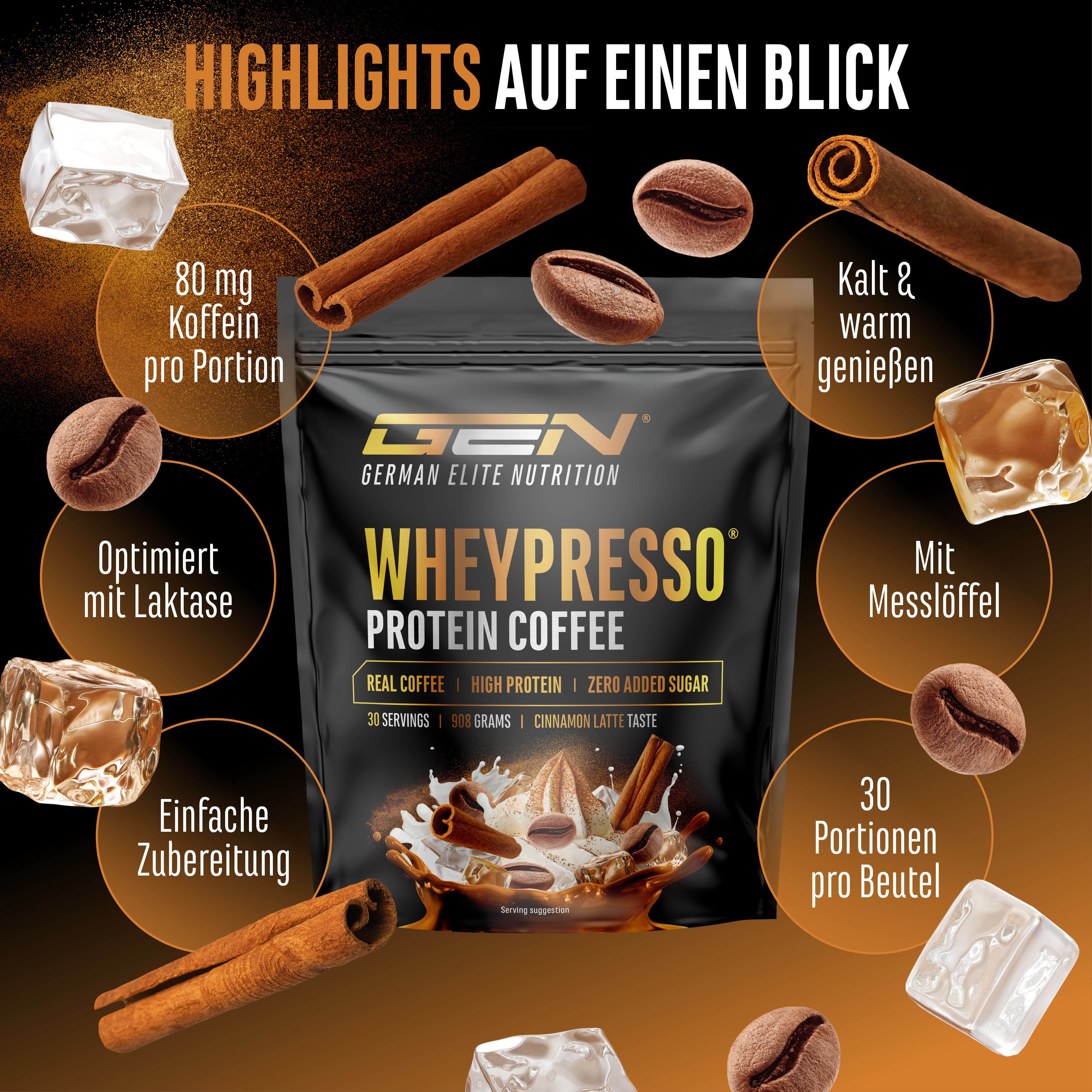 Schwarze Verpackung mit GEN Wheypresso Protein Coffee. Zimtstangen, Eiswürfel und Kaffeebohnen. Text: 30 Portionen, 908 Gramm.