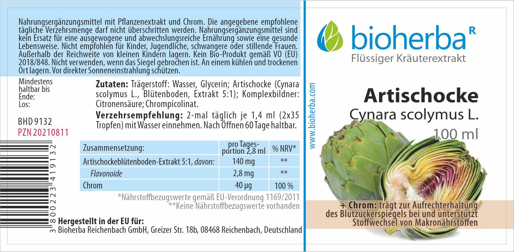 Braune Glasflasche mit schwarzem Deckel. Etikett mit Produktinformationen und Artischocken-Illustration. Text: Bioherba, Artischocke, Cynara scolymus L.