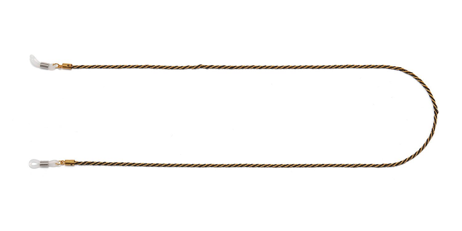 Brillenkette, gold-schwarzes Seil. Transparente Schlaufen an den Enden. Auf weißem Hintergrund.