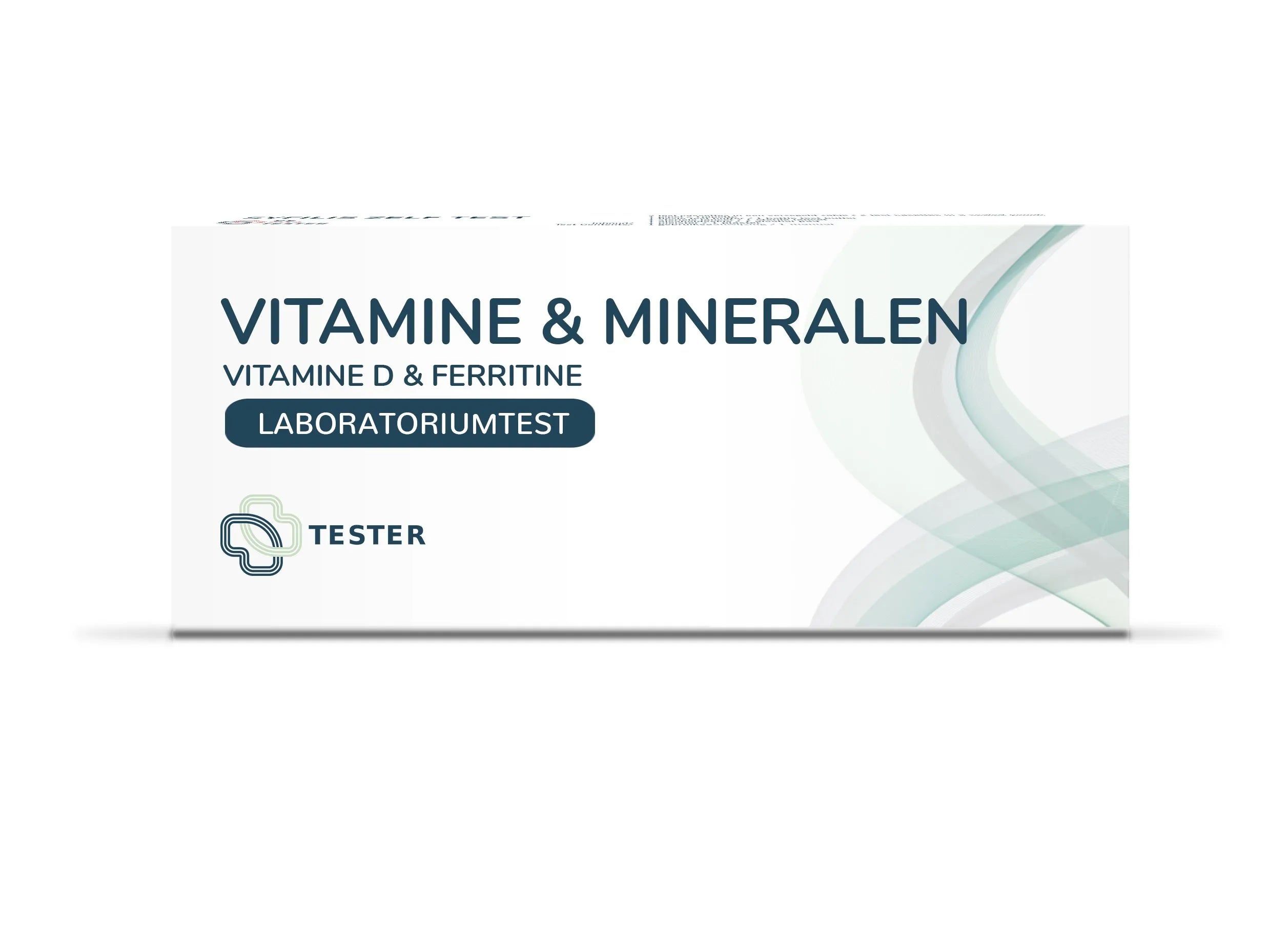 Verpackung eines Labortests für Vitamine und Mineralien, Vitamin D & Ferritin.
