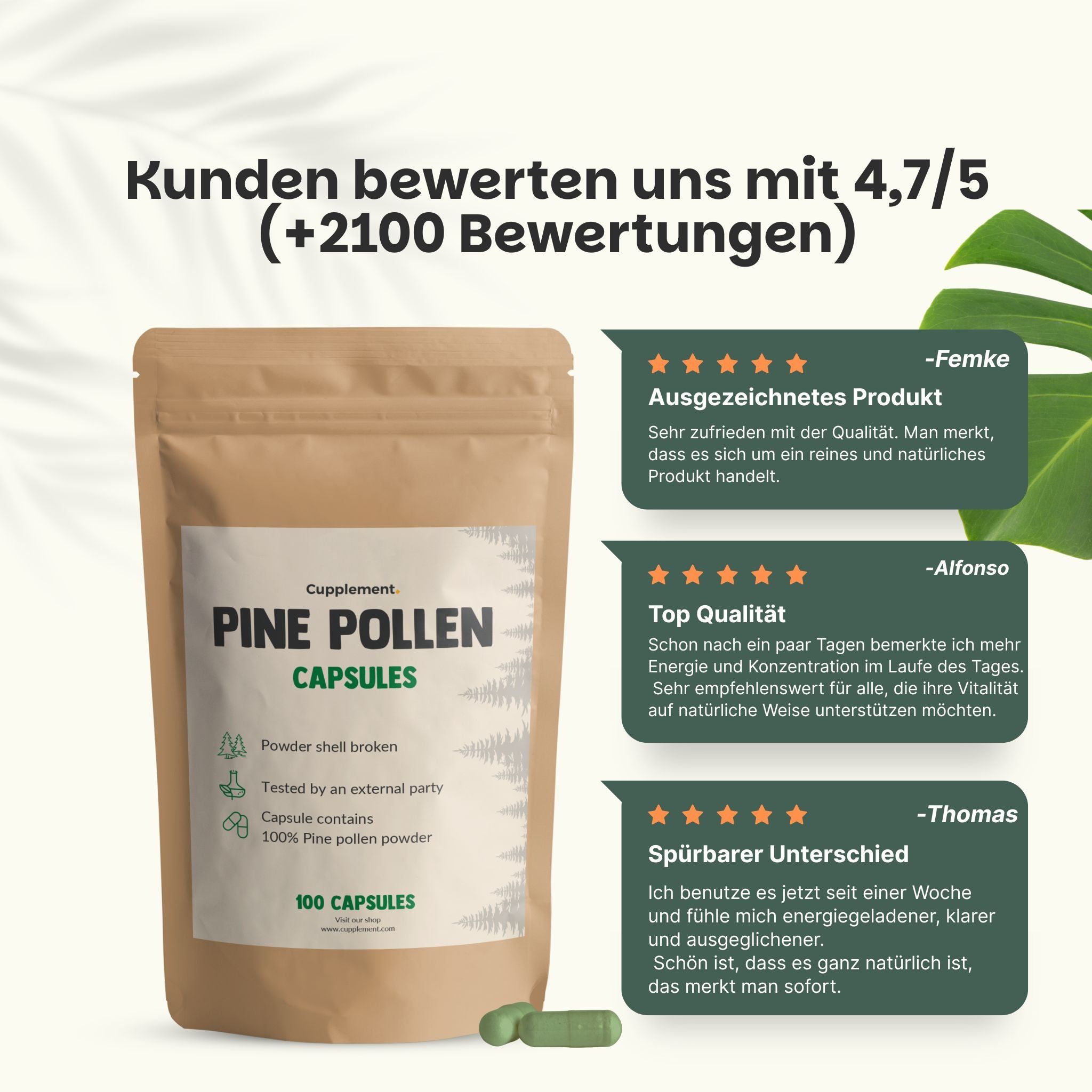 Kundenbewertungen mit 4,7/5 Sternen. Produkt, Top Qualität, spürbarer Unterschied. Kiefernpollen-Kapseln, 100 Capsules.