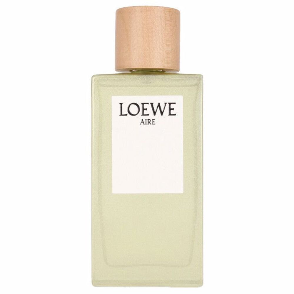 Loewe Aire Eau de Toilette Flakon. Rechteckiger Flakon mit Holzverschluss. Weißes Etikett mit Logo.