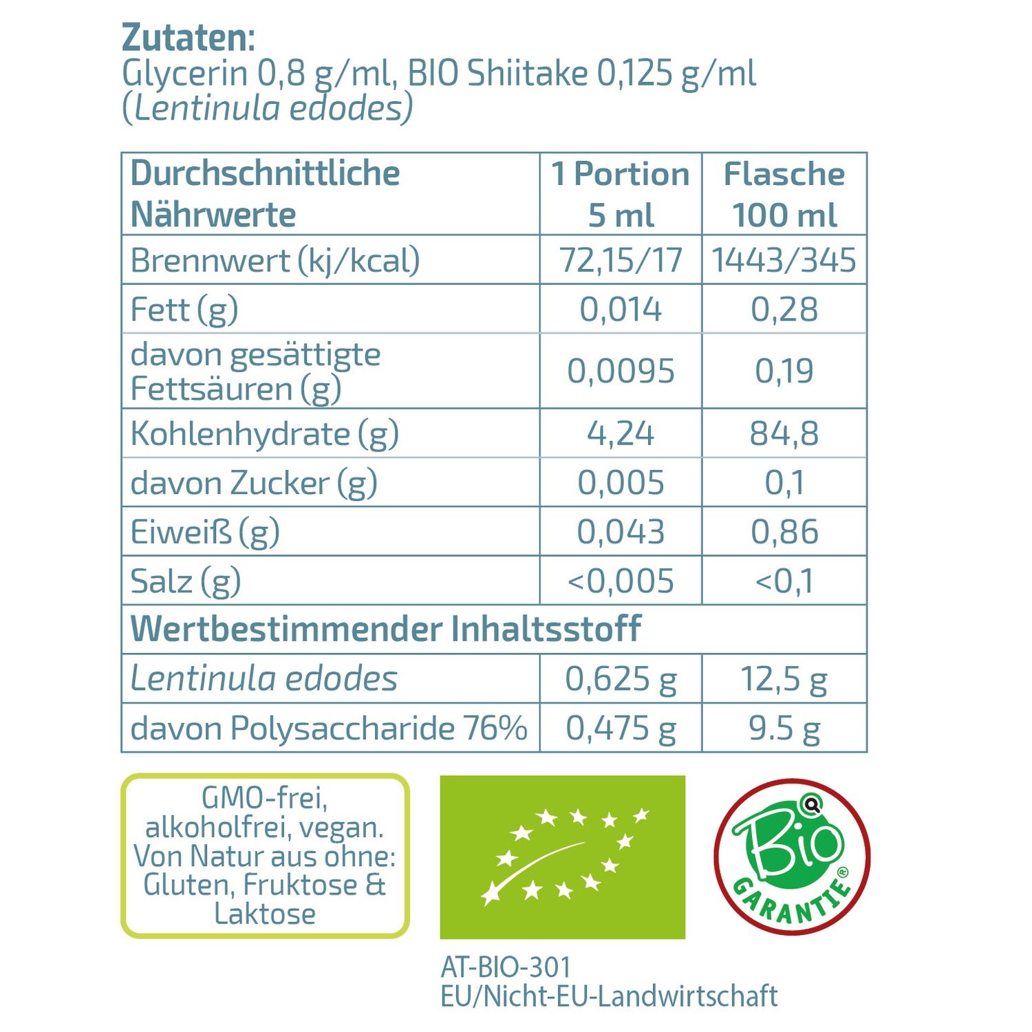 Etikett mit Nährwertangaben, Inhaltsstoffen und Bio-Siegeln für BIO SHIITAKE KUR EXTRAKT.