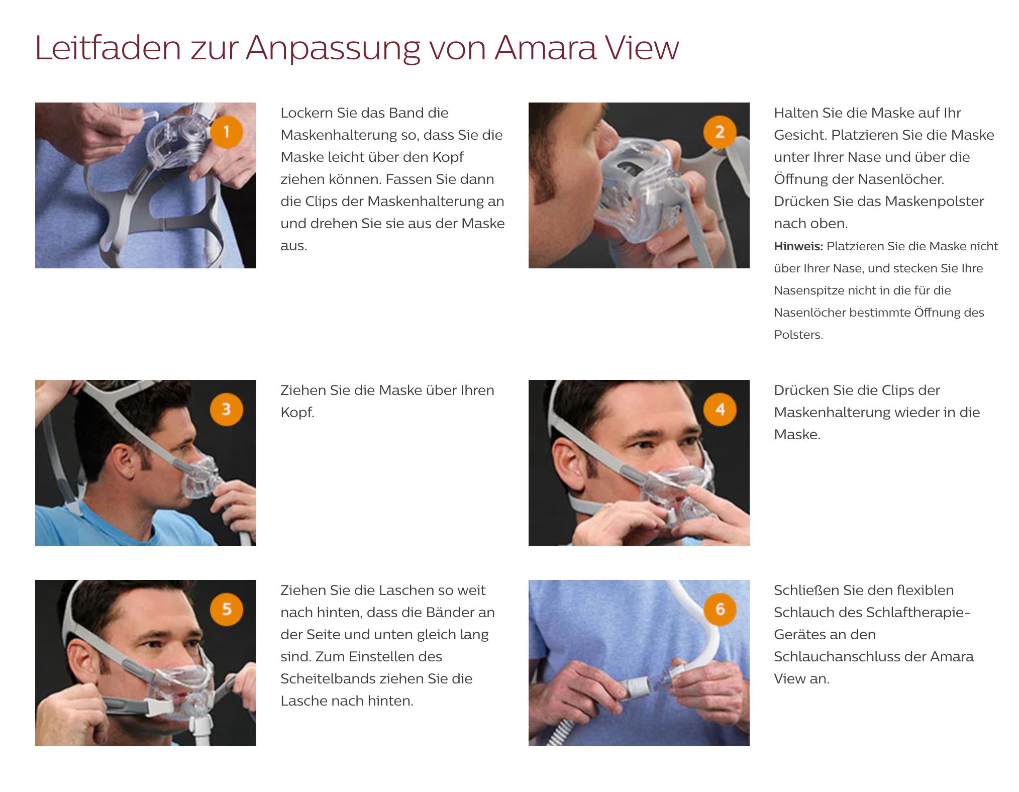 Anleitung zur Philips CPAP Maske Amara View: Sechs Schritte zur Anpassung und zum Anschluss der Maske.