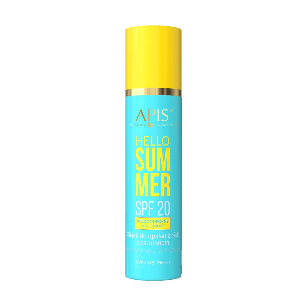 Zylindrische Flasche mit gelbem Deckel. Aufschrift: APIS, HELLO SUMMER, SPF 20. Türkis-blaue Farbe mit gelber Schrift.