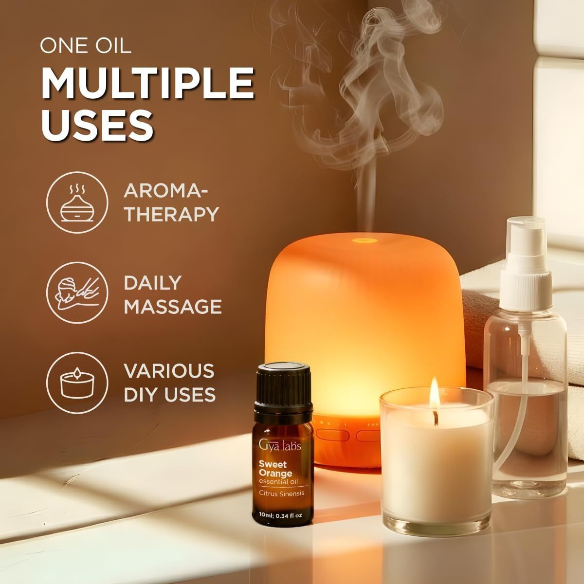 Diffusor, Ölflasche, Kerze und Sprühflasche. Text: Ein Öl, mehrere Anwendungen. Symbole: Aromatherapie, tägliche Massage, verschiedene DIY-Anwendungen.