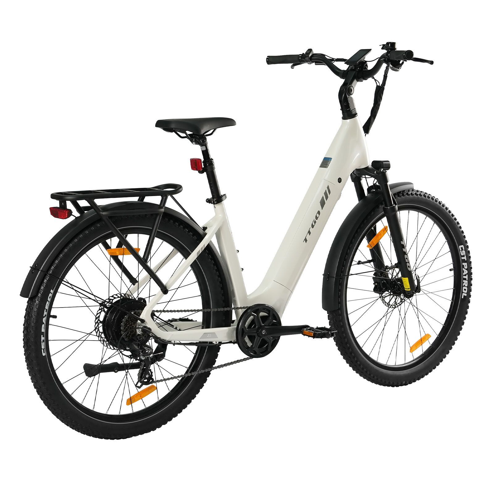Weißes Elektrofahrrad mit schwarzen Reifen und Details. Gepäckträger, Schutzbleche und hydraulische Scheibenbremsen.