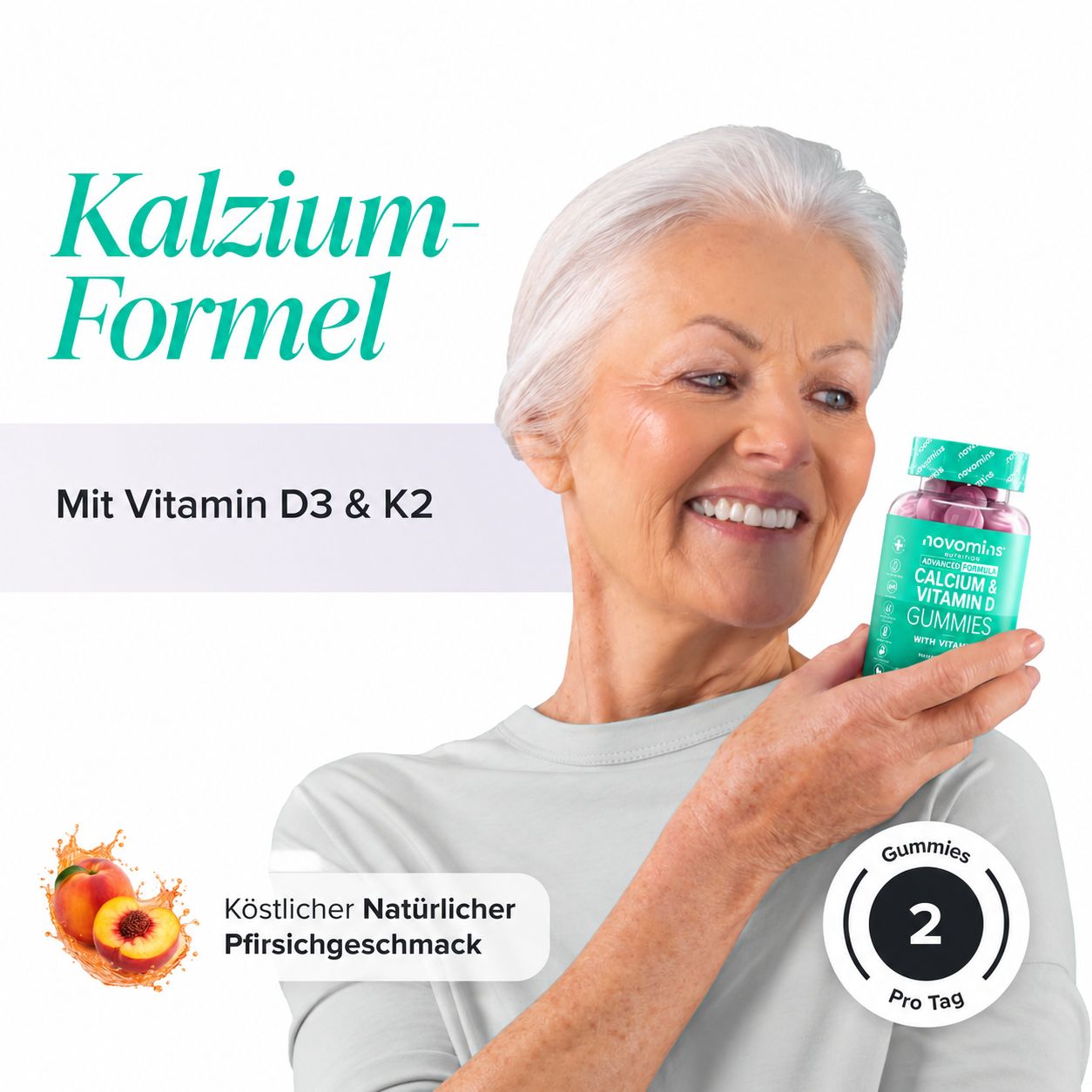 Frau hält eine Flasche mit Kalzium & Vitamin D Gummis.