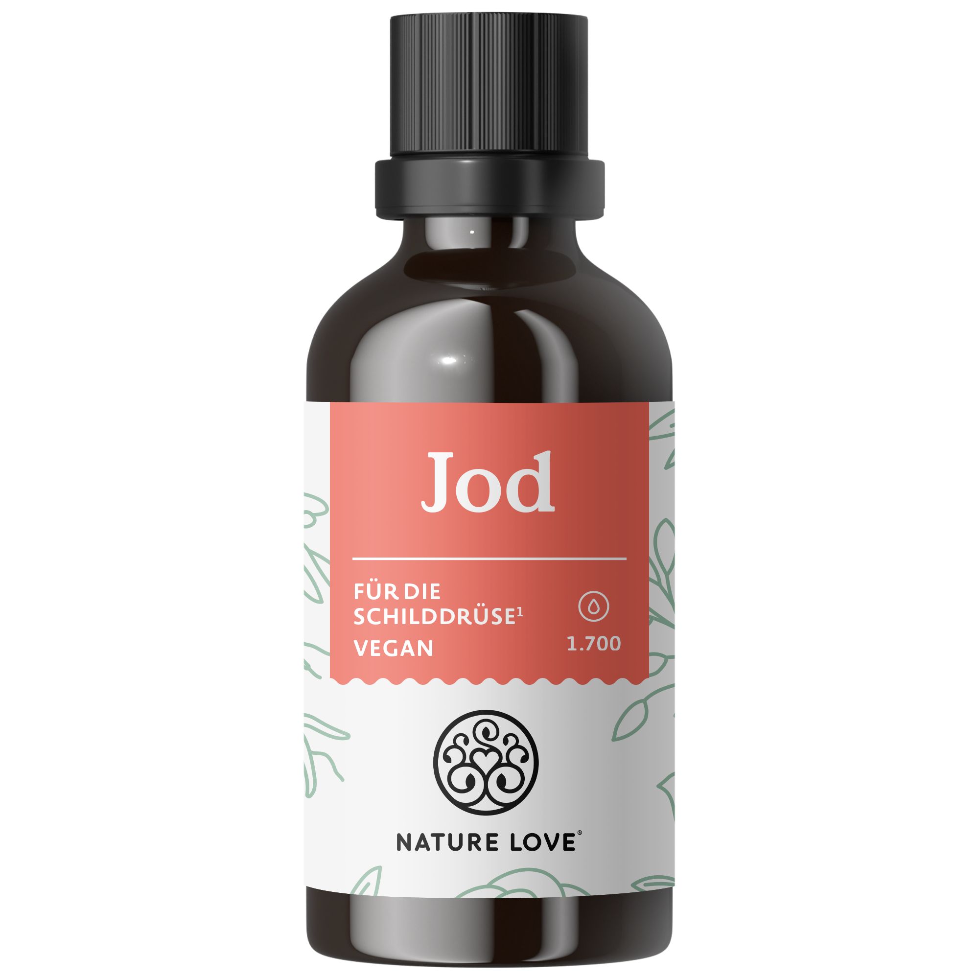 Braune Glasflasche mit schwarzem Deckel. Rotes Etikett mit weißer Schrift: Jod, für die Schilddrüse, Vegan. Logo: NATURE LOVE®.