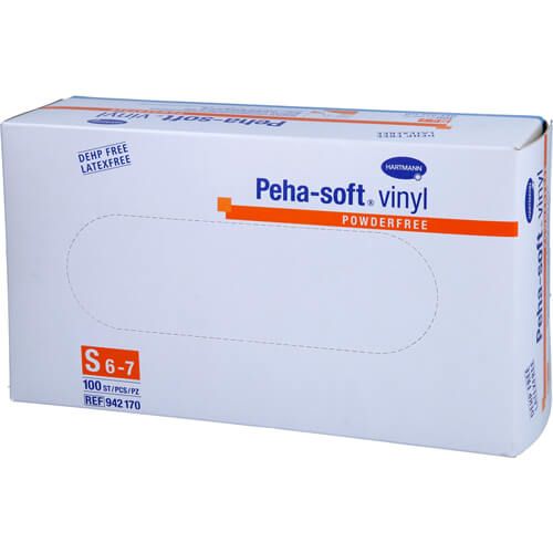 Kartonverpackung mit Produktbezeichnung Peha-soft vinyl, puderfrei. Größe S 6-7. 100 Stück. Latex- und puderfrei.