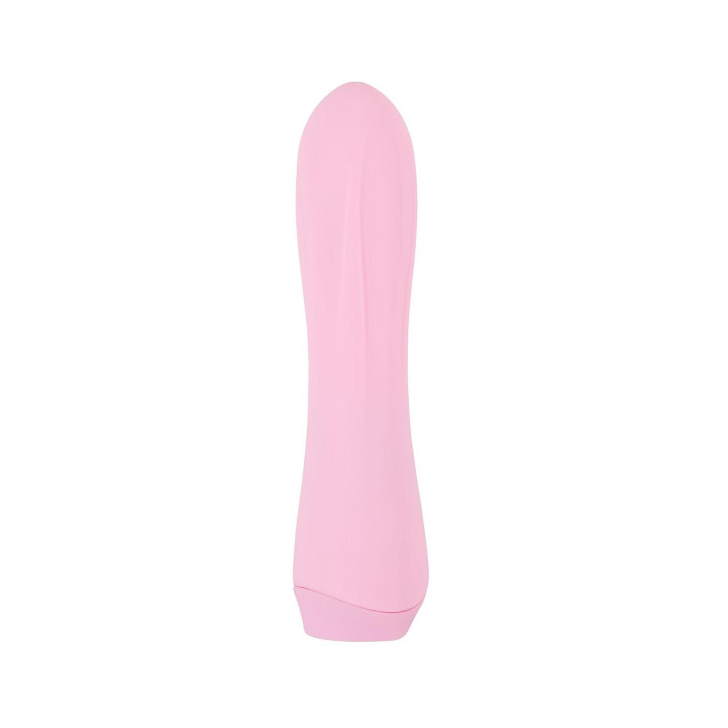 Rosa Vibrator, längliche Form. Glatte Oberfläche, abgerundete Spitze, leicht verjüngt. Unterteil mit kleiner Fläche.