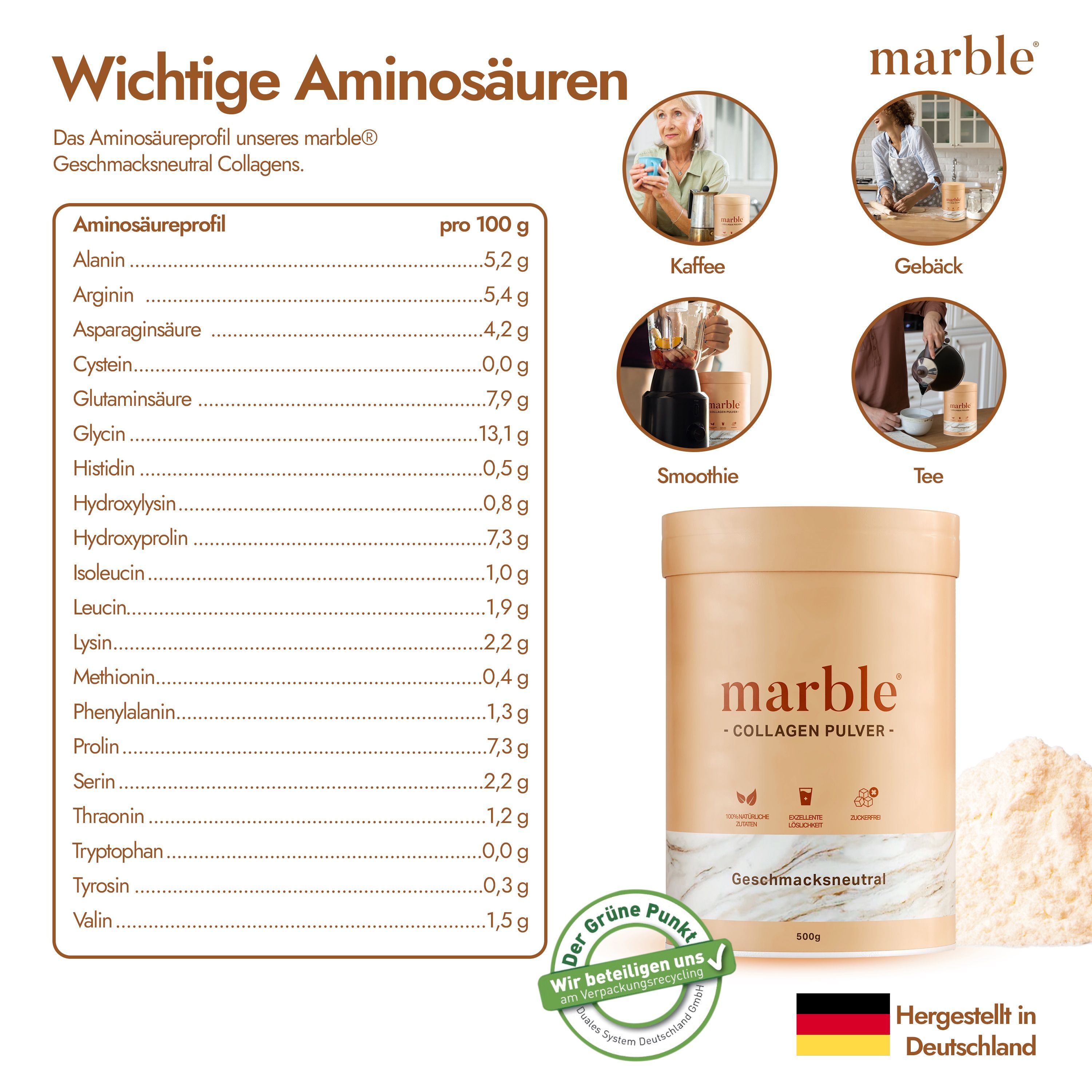 Tabelle mit Aminosäurenprofil. Dose "marble" und "Collagen Pulver". Text: "Geschmacksneutral". Grafiken: Kaffee, Gebäck, Smoothie.