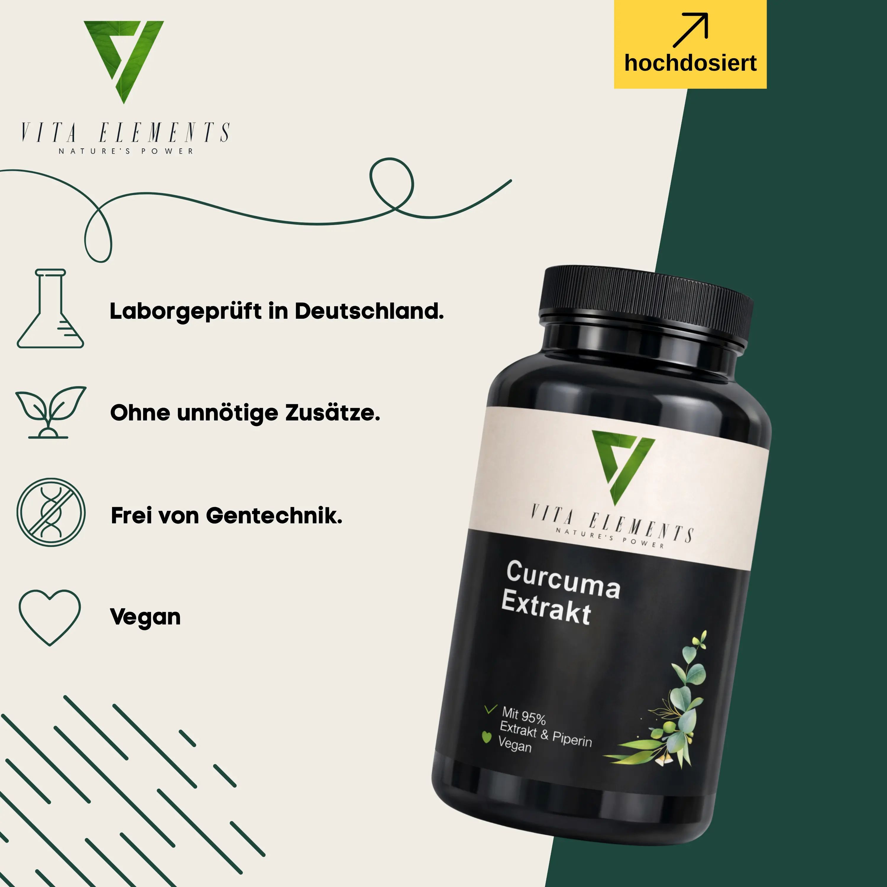 Vita Elements Curcuma Extrakt: Laborgeprüft in Deutschland, ohne unnötige Zusätze, frei von Gentechnik, vegan. Dose mit Blattmotiv.
