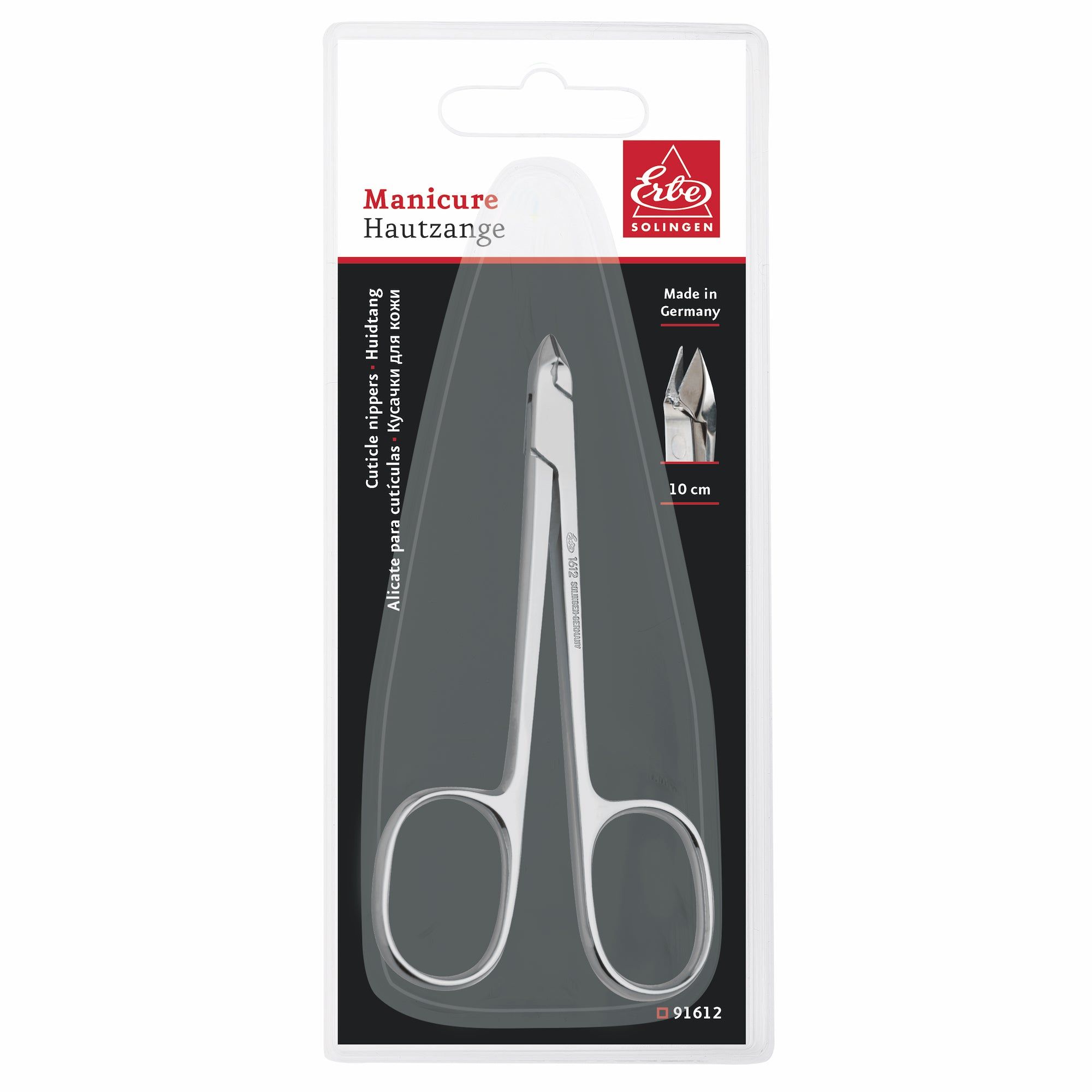 Hautzange in Blisterverpackung. Silberfarbenes Metall, 10 cm. Marke ERBE Solingen. Made in Germany.