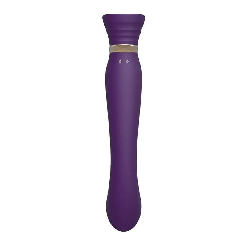 Lila Vibrator mit gerader Form. Goldfarbener Ring am Kopf. Runde Basis.