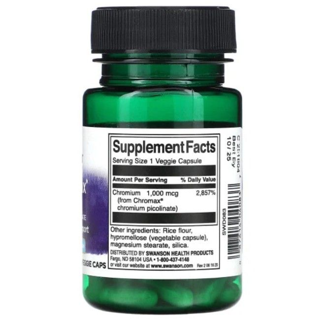 Rückseite der grünen Flasche. Etikett mit Nährwertangaben: Chrom 1.000 mcg. Zutaten, Herstellerinformationen.