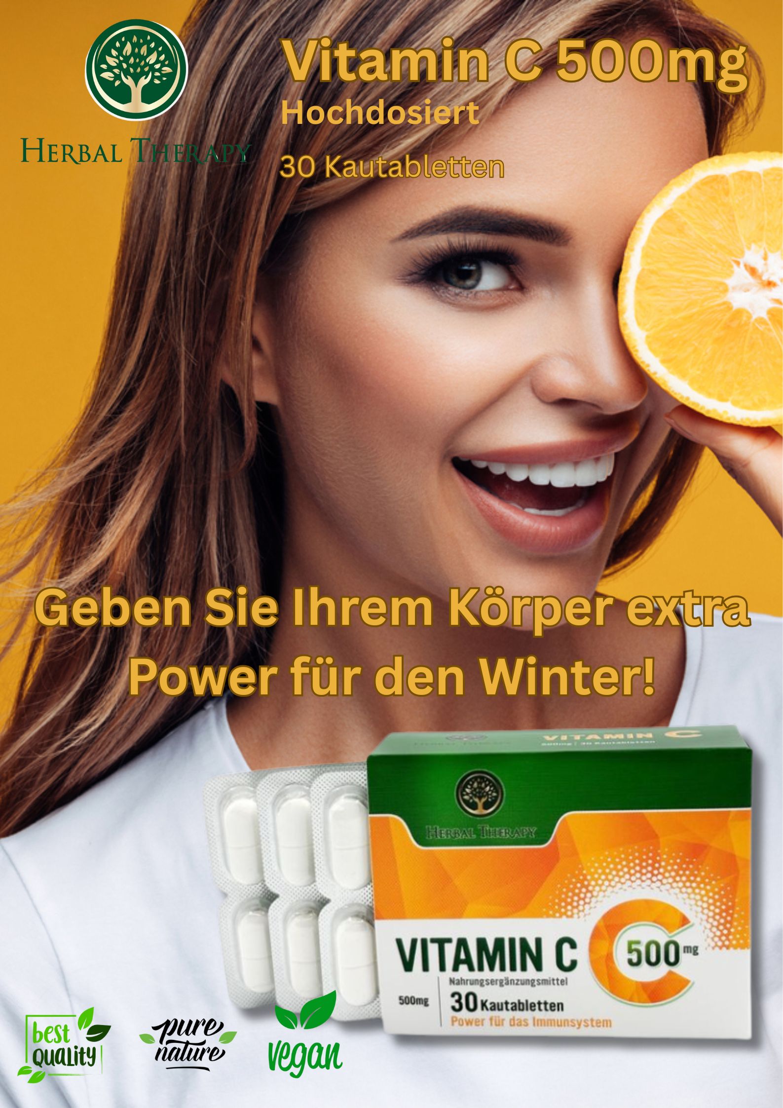 Frau lächelt, hält eine Orange. Vitamin C 500 mg Schachtel und Tablettenblister. Vegan, Best Quality, Pure Nature.