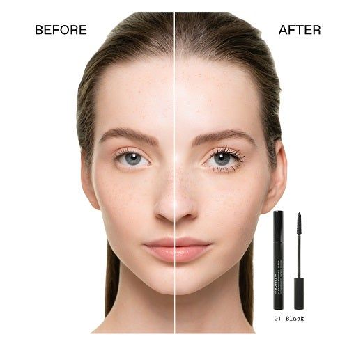 Gesicht mit getuschten Wimpern. Vorher/Nachher-Vergleich. Mascara-Tube und Bürste daneben.