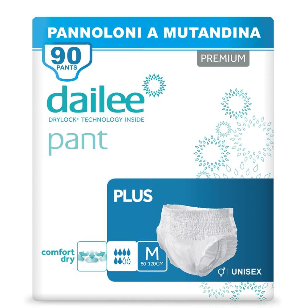 Verpackung Dailee Pants Plus. 90 Pants, Premium. Größe M, 80-120cm. Unisex. Komfortabel und trocken.