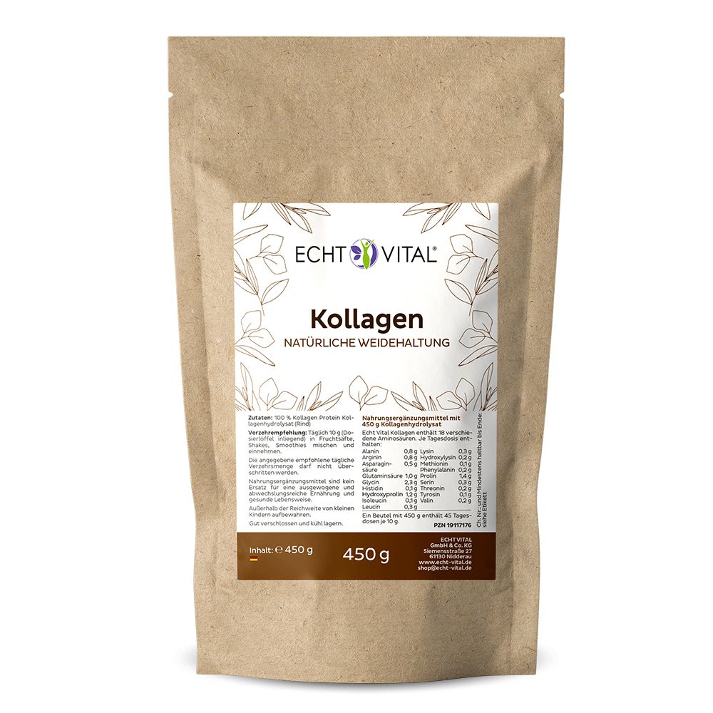 Brauner Beutel mit Kollagenpulver. Etikett mit Echt Vital Logo, Kollagen-Schriftzug und Informationen zu Inhaltsstoffen und Nährwerten.