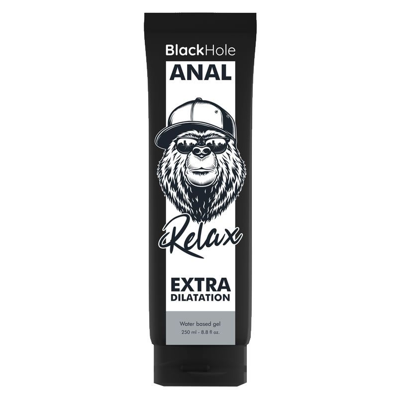 Schwarze Tube mit "Black Hole ANAL"-Logo, Bär mit Sonnenbrille und Kappe. "Relax" und "Extra Dilatation" Text. 250 ml.