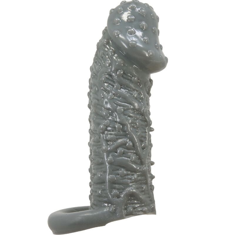 Graue Penishülle mit Noppen und Ring. Oberfläche strukturiert. Geformt für die Anwendung.