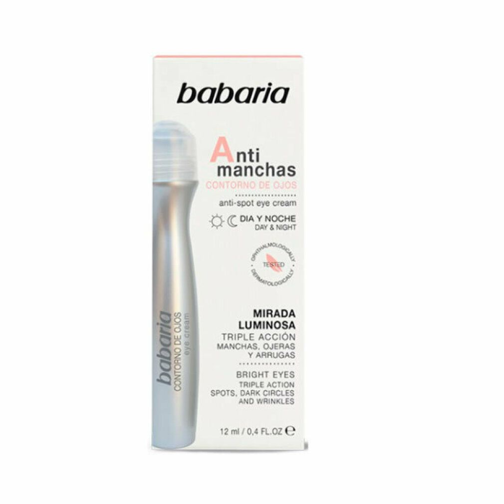 Babaria Anti-Spot Augencreme. Silberne Tube mit Roll-On-Applikator und Verpackung. Text: Anti-Flecken, Tag & Nacht.