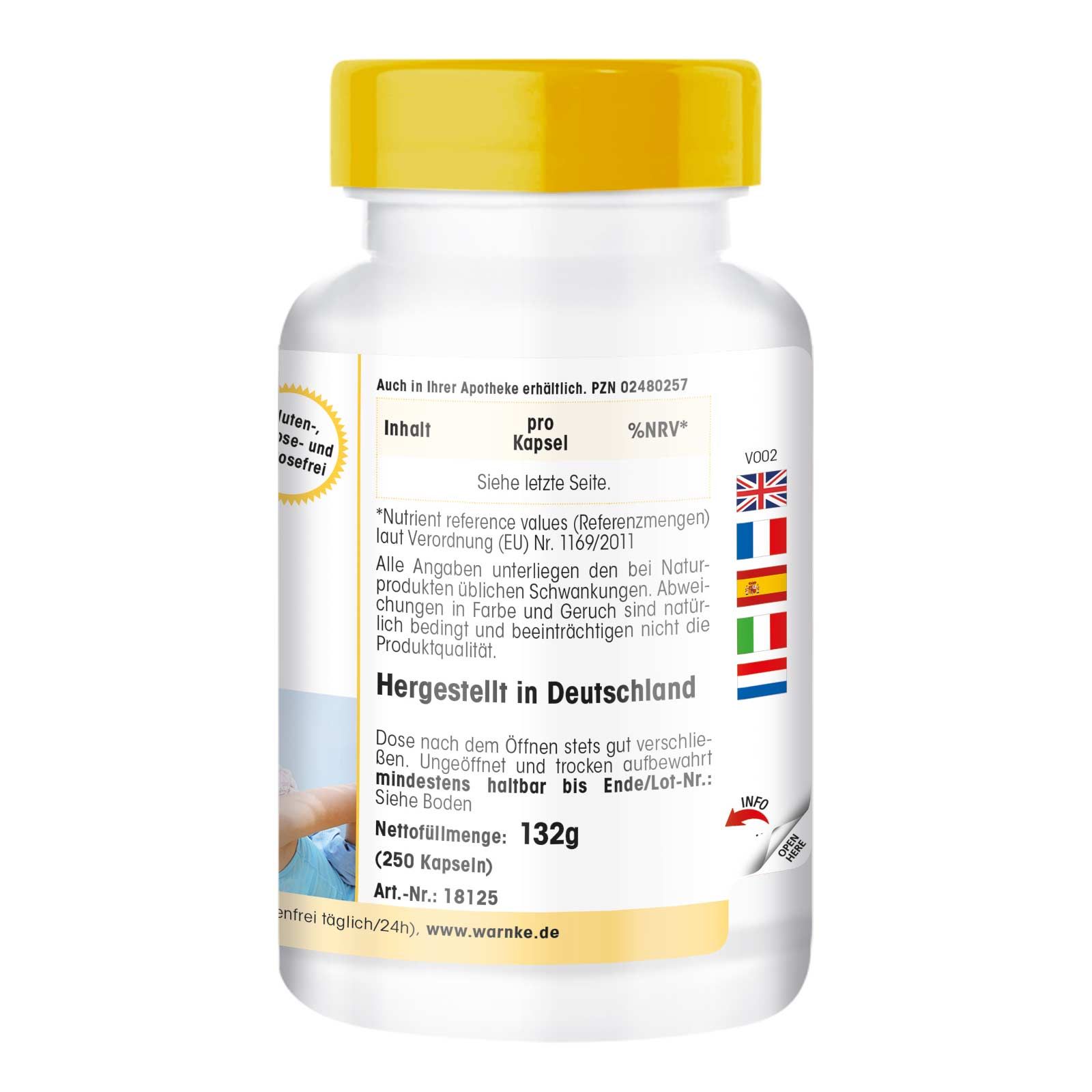Rückseite der Flasche. Text: Inhalt, pro %NRV, hergestellt in Deutschland. Nettomenge: 132g (250 Kapseln).