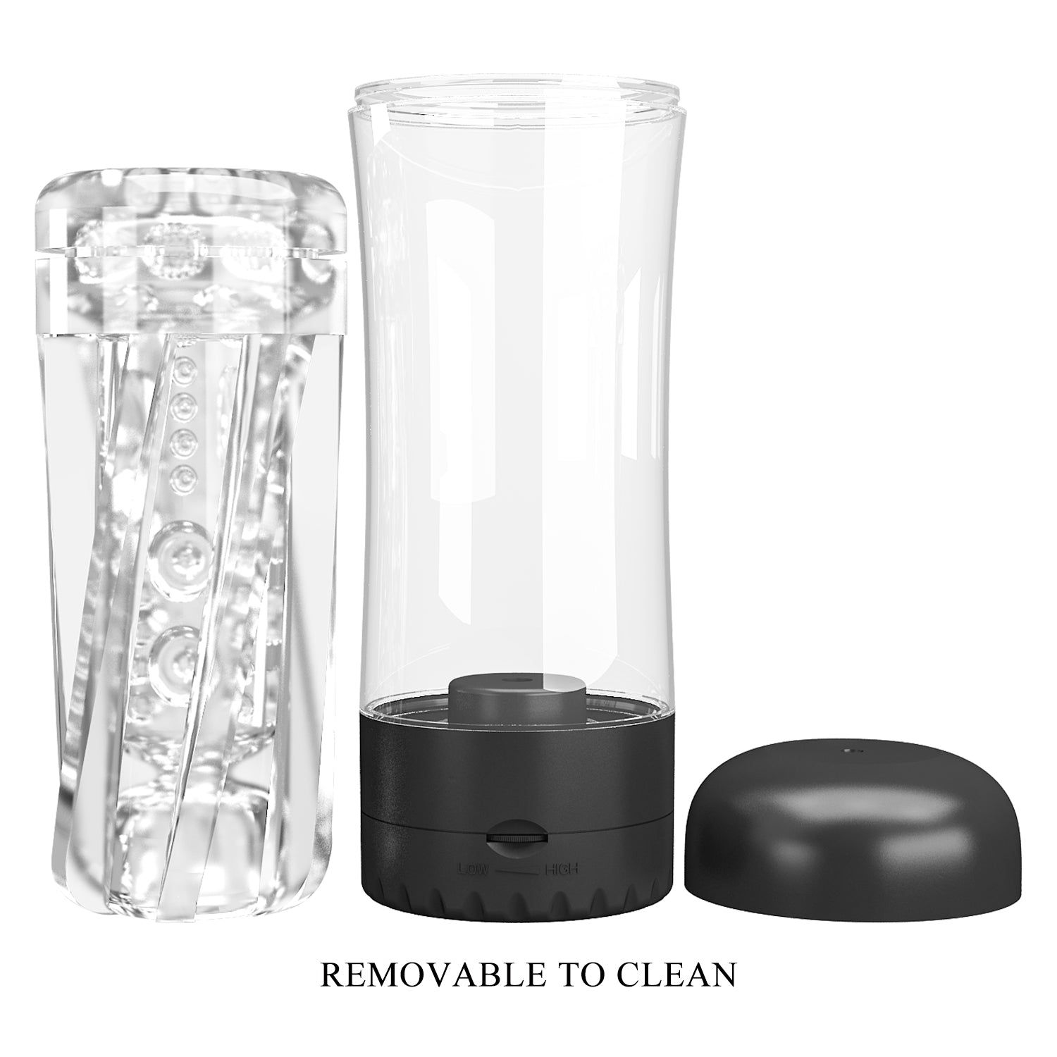 Zylindrisches Gerät mit transparentem Gehäuse, schwarzem Sockel und Deckel. Innenstruktur sichtbar. Text: REMOVABLE TO CLEAN.