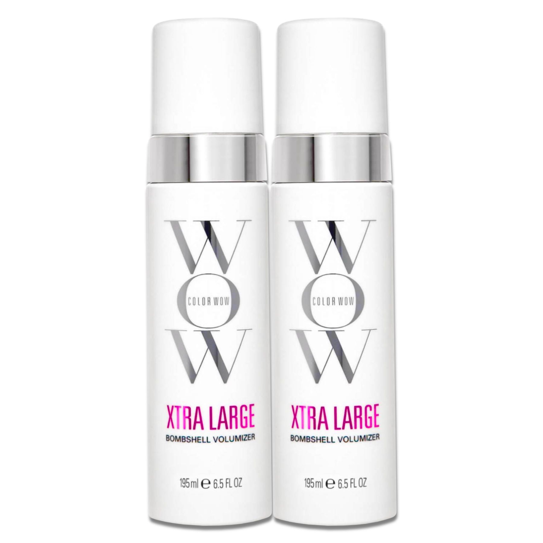 Zwei COLOR WOW Xtra Large Bombshell Volumizer Flaschen. Weiß, mit silbernen Akzenten und Produktbezeichnung.
