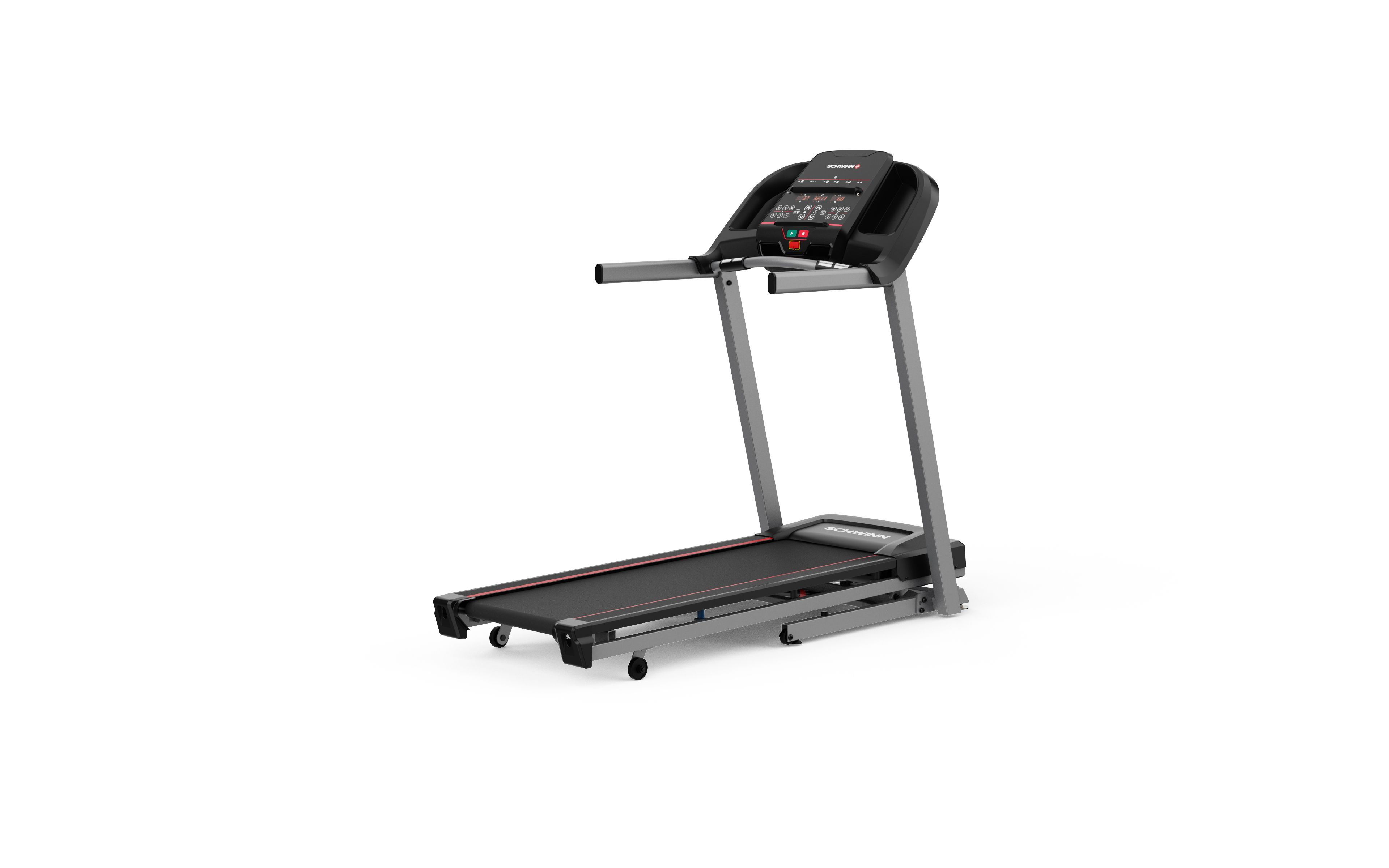 Laufband mit schwarzem Laufband und grauen Rahmen. Konsole mit Display und Bedienelementen. Schwinn Fitness SFT 3.5.