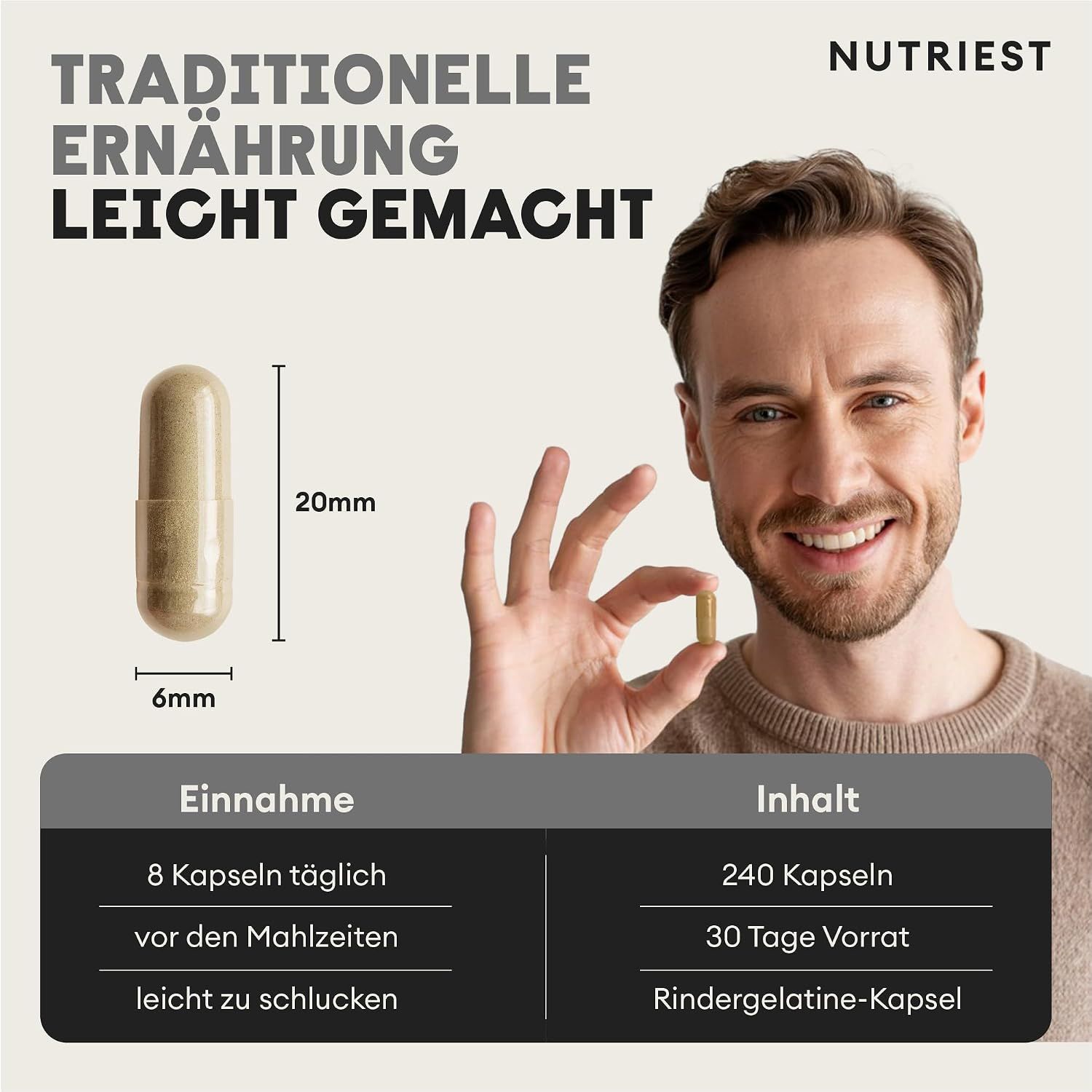 Eine Kapsel mit den Maßen 20mm x 6mm. Eine Person hält eine Kapsel in der Hand.