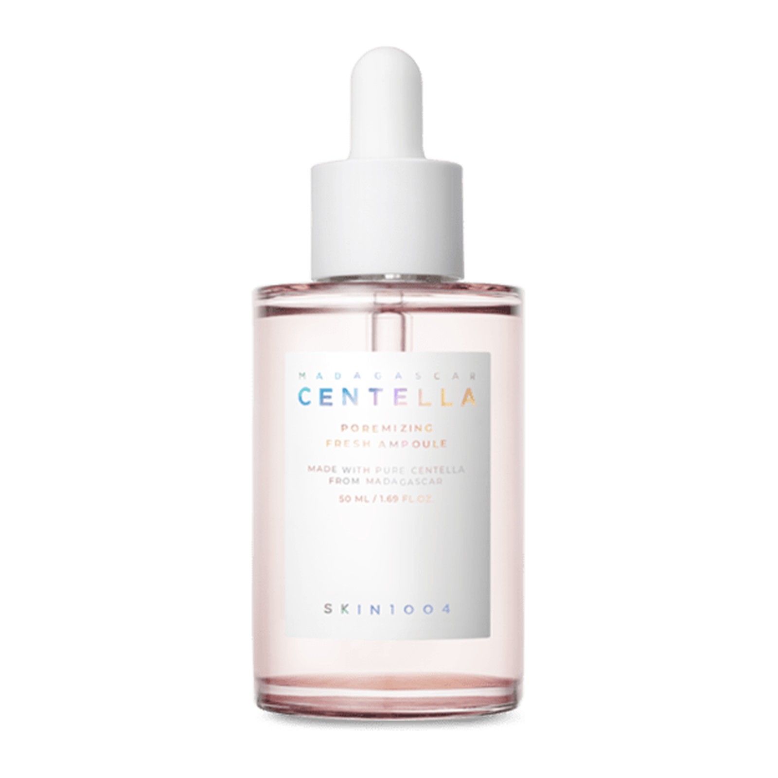 Große Glasflasche mit Pipette, gefüllt mit rosafarbener Flüssigkeit. Etikett mit 'Centella Poremizing Fresh Ampoule', 100 ml.
