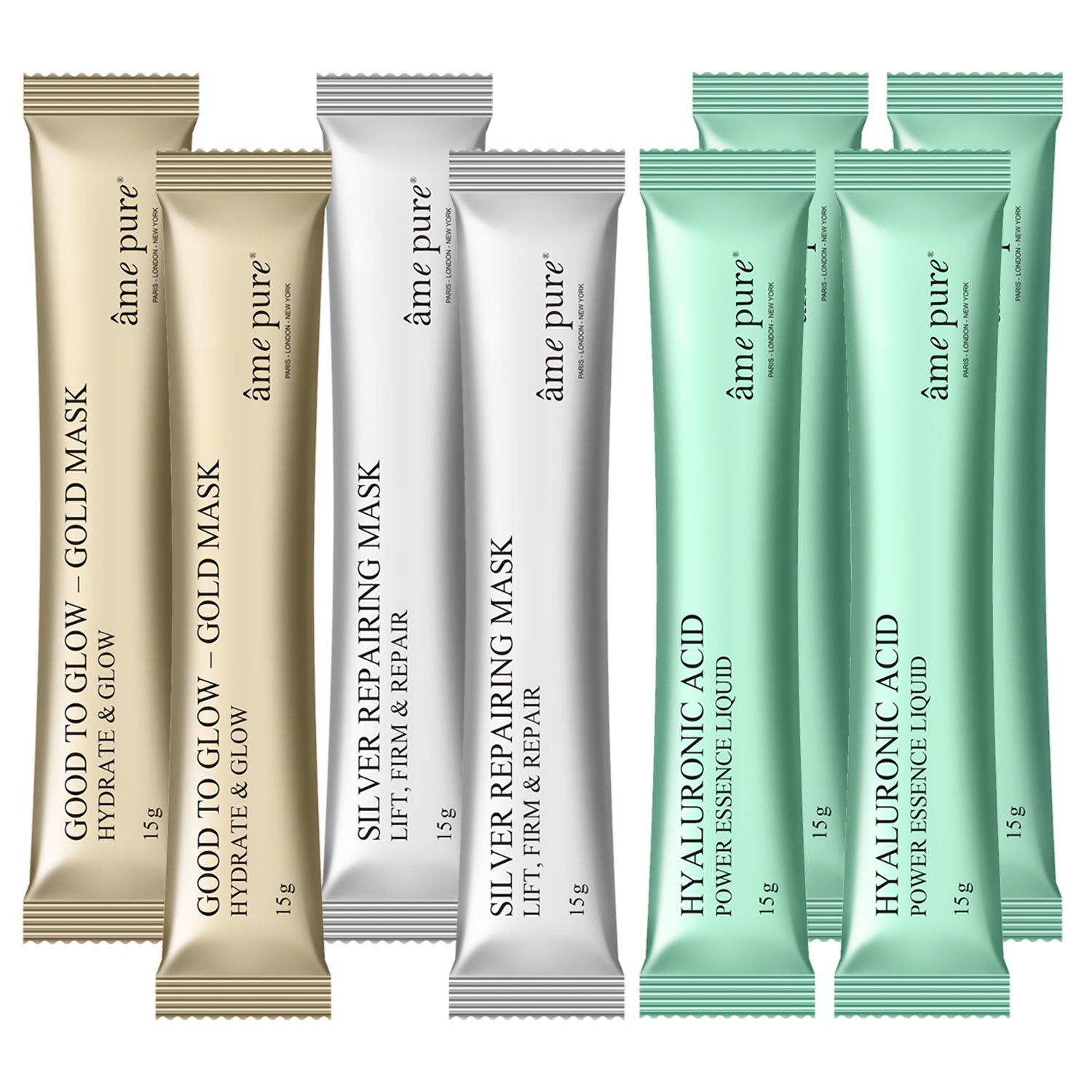 Mehrere Beutel mit Gesichtsmasken. Gold, Silber und Grün. Text: âme pure, Good to Glow, Silver Repairing Mask, Hyaluronic Acid.