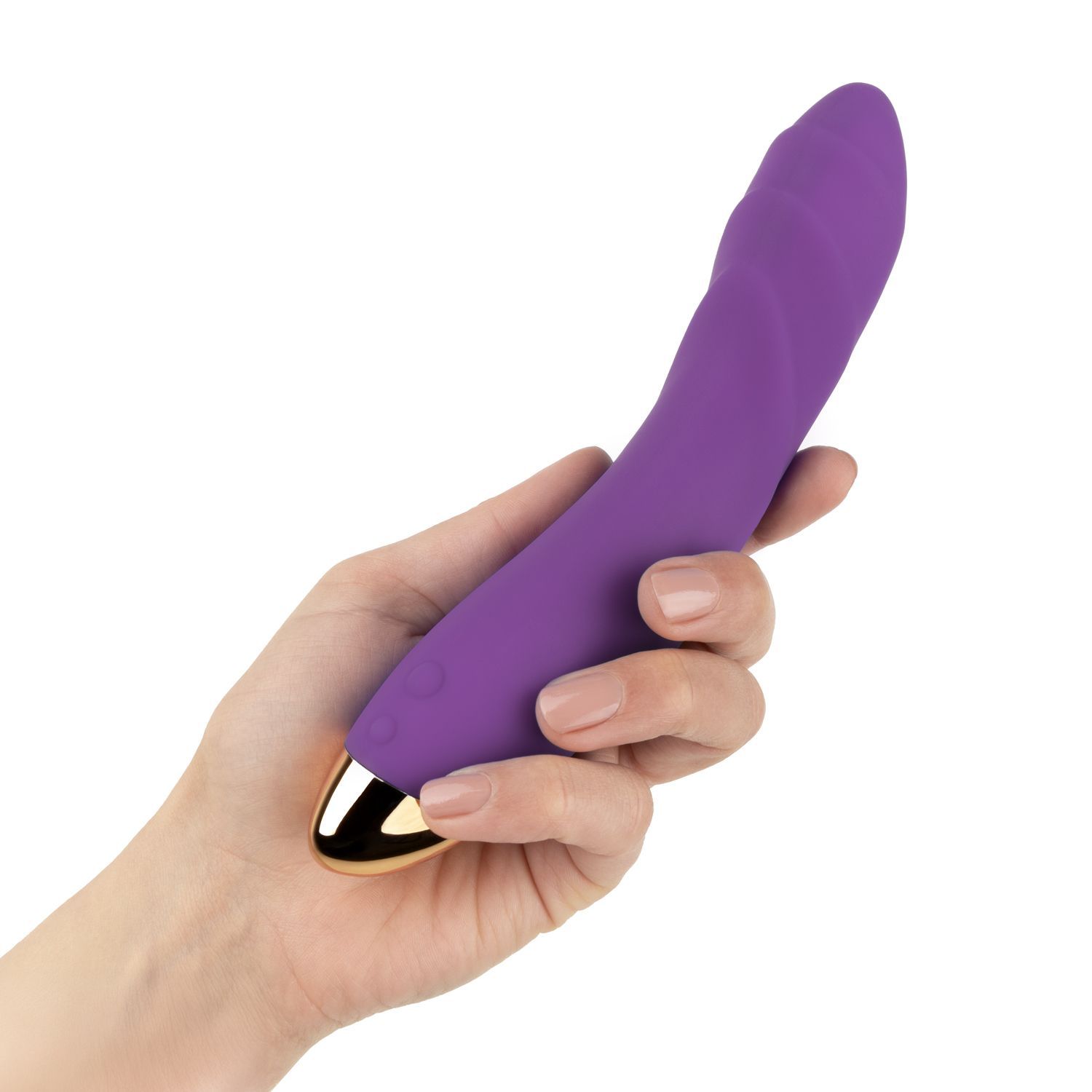 Lila Vibrator mit goldener Spitze, von einer Hand gehalten.
