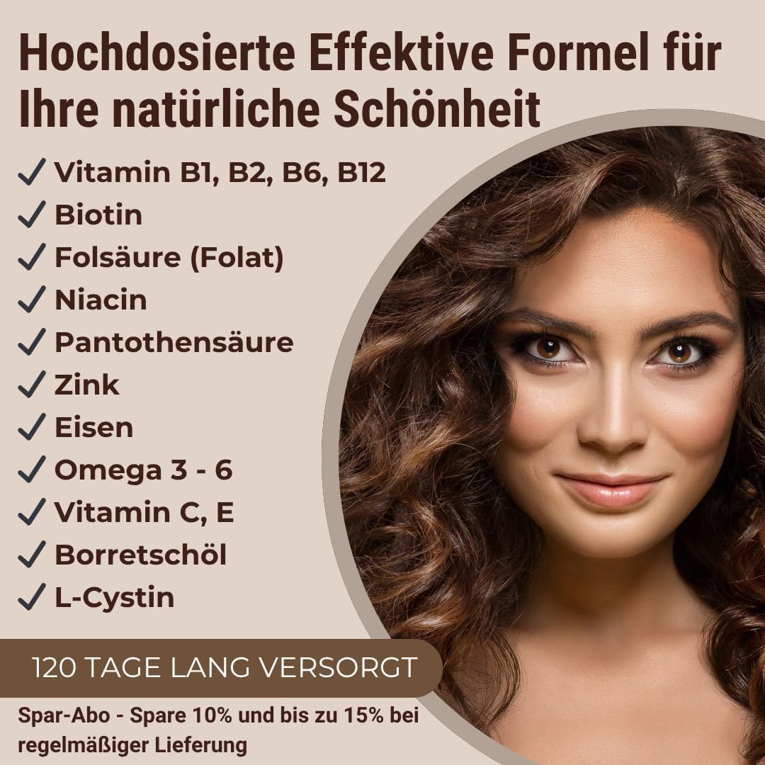Liste von Inhaltsstoffen, darunter Vitamine und Mineralien. Eine Frau mit langen, braunen Haaren. Text: Hochdosierte Formel für natürliche Schönheit.